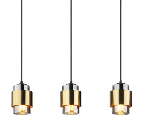 Dreiflammige Pendelleuchte mit Lampenschirmen aus Glas und Metall