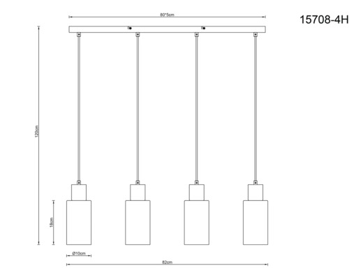 Technische Zeichnung einer Hängelampe mit vier Leuchten und Maßangaben