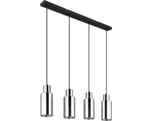 Vierflammige Pendelleuchte mit verchromten Lampenschirmen und schwarzer Aufhängung