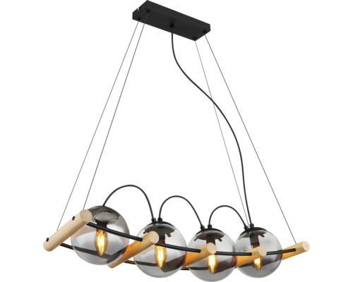 Pendelleuchte mit vier Glaskugeln und Holzelementen