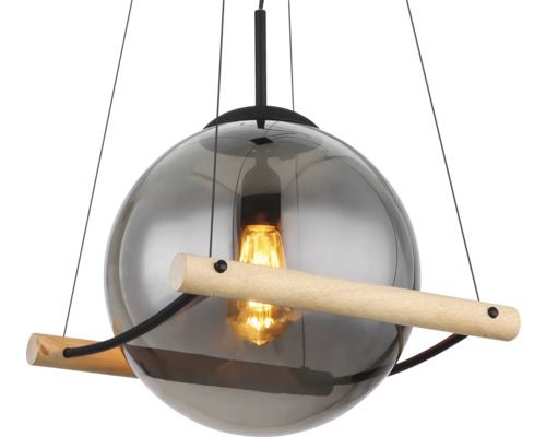 Hängelampe mit grauer Glaskugel und Holzdetails