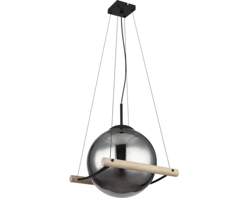 Hängelampe mit grauem Glasschirm und Holzelementen