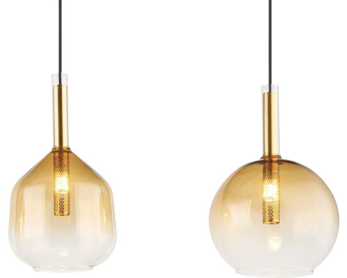 Zwei Hängeleuchten aus Glas mit Metallaufhängung