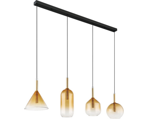 Hängelampe mit vier Lampenschirmen aus Glas in verschiedenen Formen