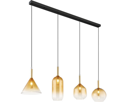 Pendelleuchte mit vier bernsteinfarbenen Glasschirmen in unterschiedlichen Formen