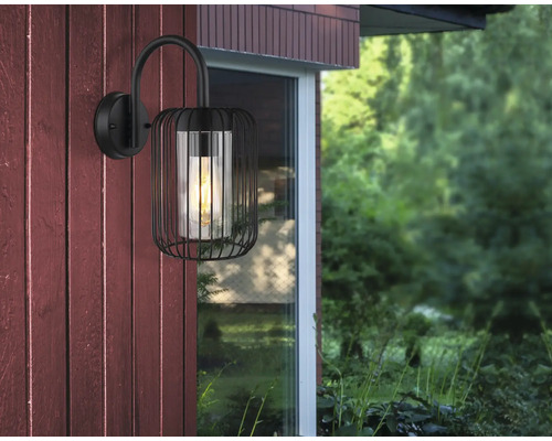 Schwarze Wandleuchte mit Glaseinsatz und Käfigdesign zur Aussenbeleuchtung