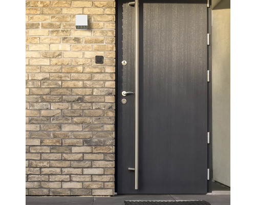 Außenaufnahme einer Haustür mit Griffstange und einer Außenleuchte an einer Ziegelwand