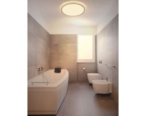 Helles Badezimmer mit Badewanne, Toilette, Bidet und runder Deckenleuchte
