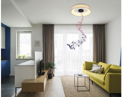 Wohnzimmer mit Sofa, Tisch und Deckenleuchte mit Musikfunktion