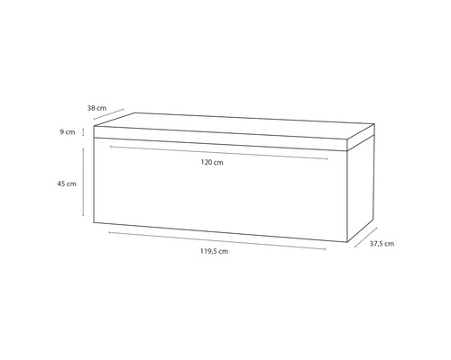 Abmessungen einer Aufbewahrungsbox: 119,5 cm x 37,5 cm x 45 cm