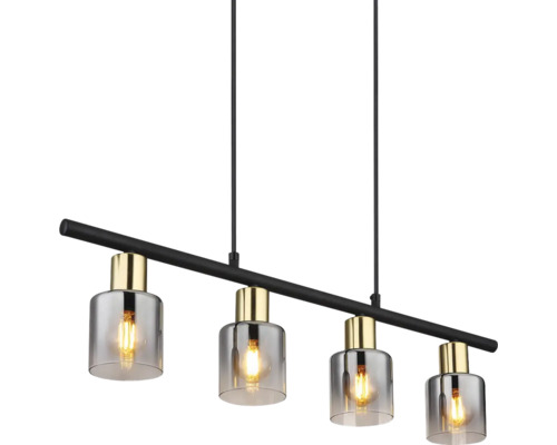 Hängelampe mit vier Glaslampenschirmen an schwarzer Stange