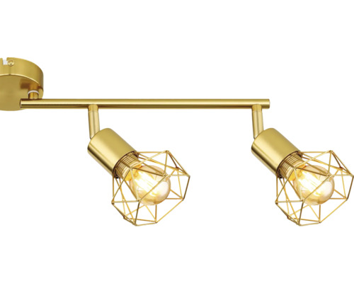 Zweiarmige goldfarbene Deckenleuchte mit geometrischen Lampenschirmen