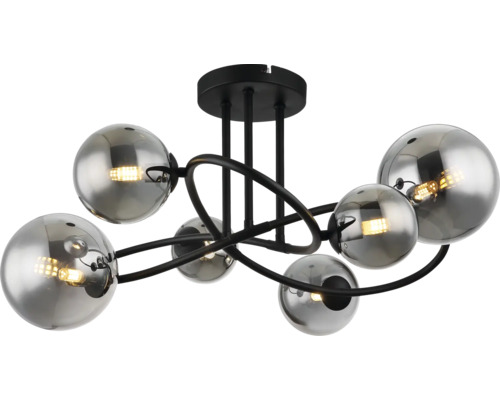 Deckenleuchte mit sechs Kugelförmigen Lampenschirmen aus Metall und Glas