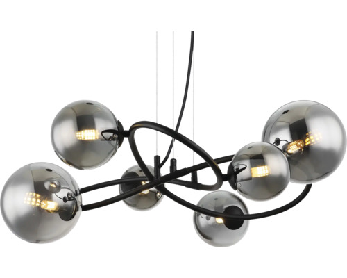 Pendelleuchte mit sechs Glaskugeln und schwarzem Metallgestell