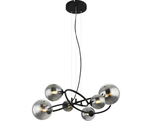 Deckenleuchte mit sechs kugelförmigen Lampenschirmen und schwarzer Halterung