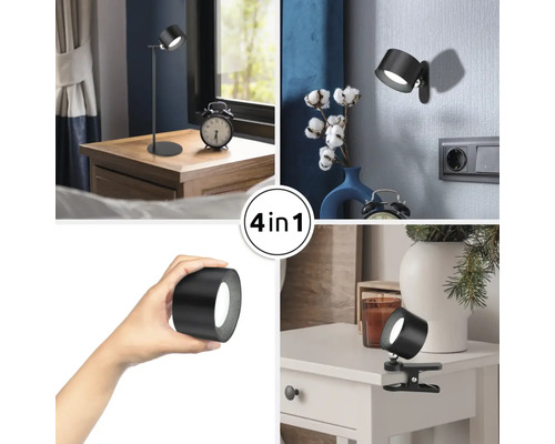 Vielseitige Lampe mit vier Installationsmöglichkeiten: als Stehlampe, Wandleuchte, Clip-Leuchte und tragbare Leuchte