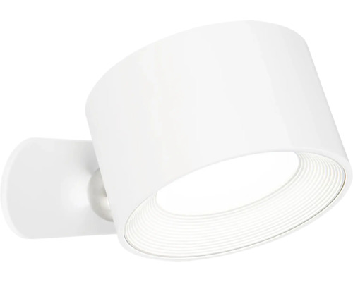 Weiße Wandleuchte mit zylindrischem Lampenschirm.