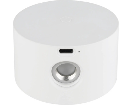 Weiße, zylinderförmige Lampe mit USB-Anschluss und Schalter