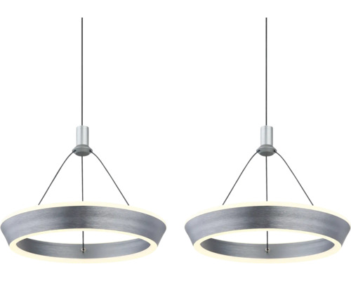 Zwei ringförmige Hängeleuchten aus Metall mit LED-Beleuchtung.