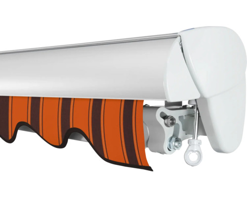 Markise mit braunen und orangefarbenen Streifen