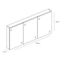 Abbildung eines Spiegelschrankes mit den Maßen 120 cm Breite, 66 cm Höhe und 13 cm Tiefe.