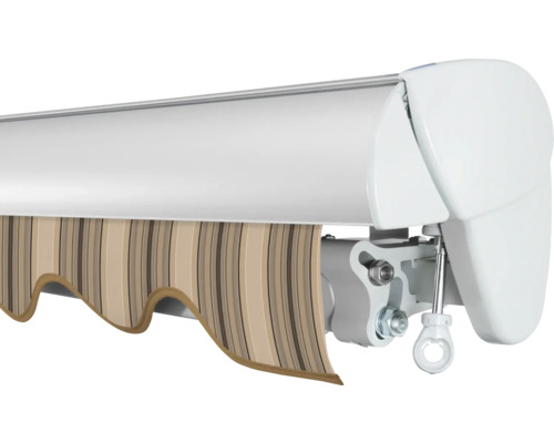 Markise mit gestreiftem Stoff und weißem Gehäuse