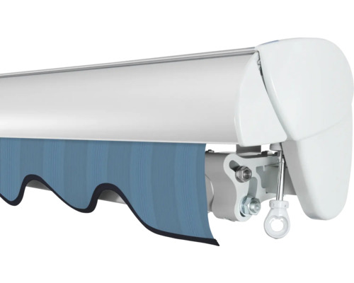 Markise mit blau gestreiftem Stoff