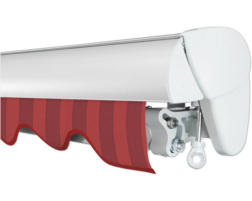 Markise mit gestreiftem Stoff und weißem Gehäuse