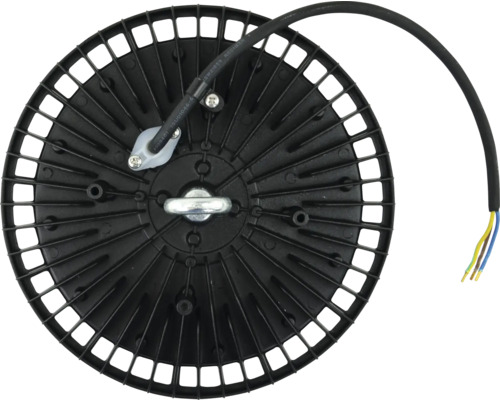 Schwarze Hallenleuchte mit Kabel und Aufhängevorrichtung