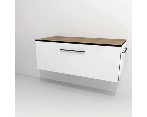 Waschbeckenunterschrank Devo Sonus 2.0 97x36x45 cm ohne Waschbecken mit Lade weiß Weißer Waschtischunterschrank mit einer Schublade und hölzerner Abdeckung für das Badezimmer.