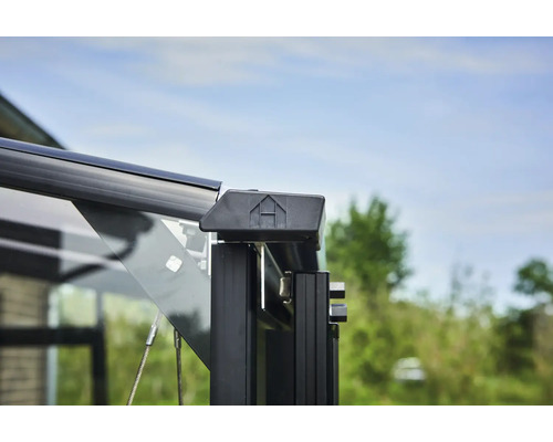 Detailansicht eines Gewächshauses mit Glaselementen und einer schwarzen Rahmenkonstruktion