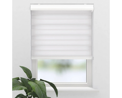 Fenster mit montiertem, weißen Doppelrollo