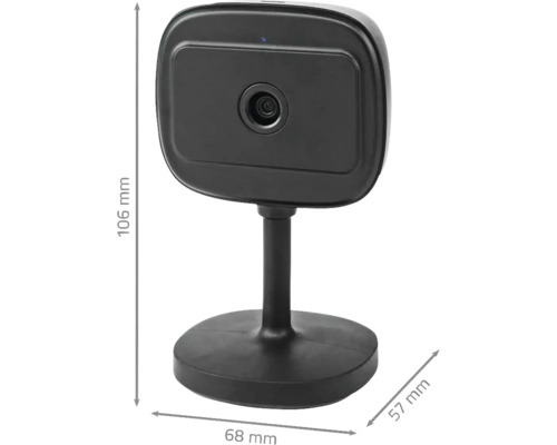 Schwarze Überwachungskamera mit den Maßen 106 mm Höhe, 68 mm Breite und 57 mm Tiefe.