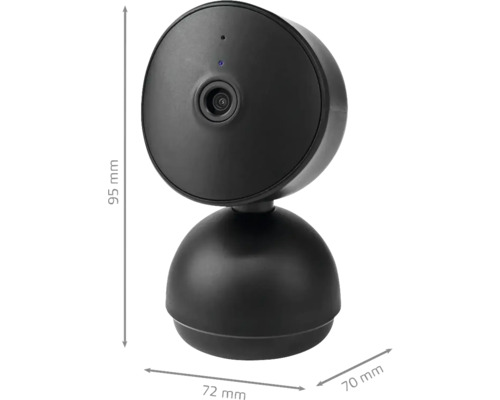 Schwarze Überwachungskamera mit den Maßen 95 mm Höhe, 72 mm und 70 mm Breite