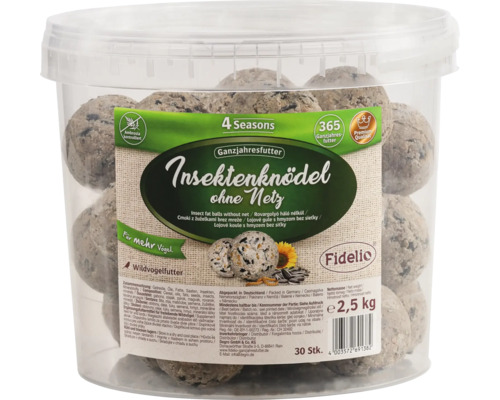 Wildvogelfutter Fidelio Insektenknödel ohne Netz 30 Stück ca. 2,5 kg Ganzjahresvogelfutter Insektenknödel ohne Netz im Eimer für Wildvögel, 2,5 kg