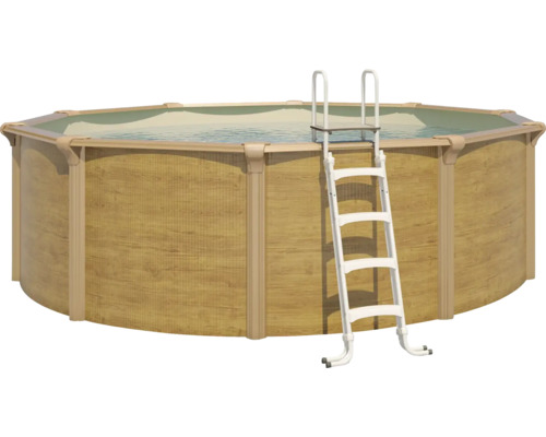 Aufstellpool Stahlwandpool-Set Steely Supreme Wood rund Ø 360x130 cm inkl. Sandfilteranlage, Skimmer, Leiter, Filtersand, Bodenschutzvlies & Anschlussschlauch Holzoptik