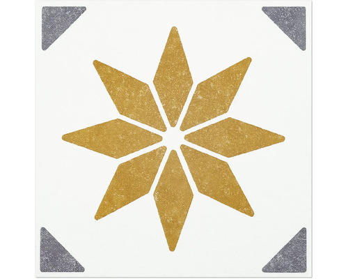 Dekorfliese mit Sternmuster und Dreiecken in den Ecken