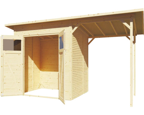 Holzgartenhaus mit offenstehenden Türen und Vordach