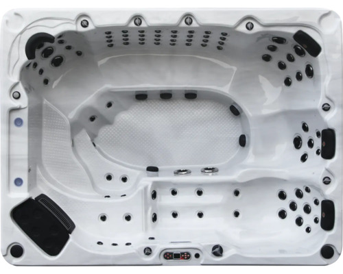 Detailansicht eines Whirlpools mit Düsen und Bedienelementen.