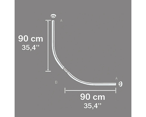 Technische Zeichnung einer Duschvorhangstange mit den Maßen 90 mal 90 Zentimeter