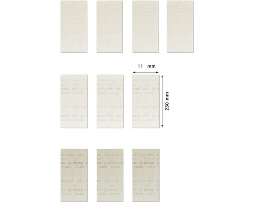 Mehrere Bosch Expert Schleifblätter mit den Maßen 11 mm mal 230 mm.