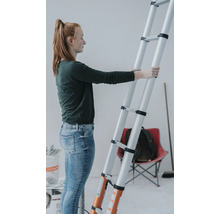 Frau hält eine Teleskopleiter in einem Raum.
