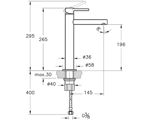 Technische Zeichnung eines Wasserhahns mit Maßangaben