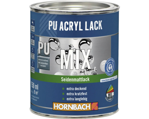 PU Acryl Lack in einer 750 ml Dose für circa 9 m² Fläche von Hornbach.