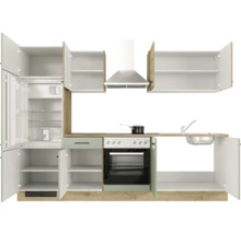 Einbauküche mit Kühlschrank, Kochfeld, Dunstabzugshaube und Spüle mit offenen Schranktüren.