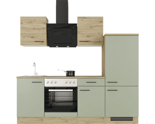 Küchenzeile mit Spüle, Herd, Backofen und Dunstabzugshaube