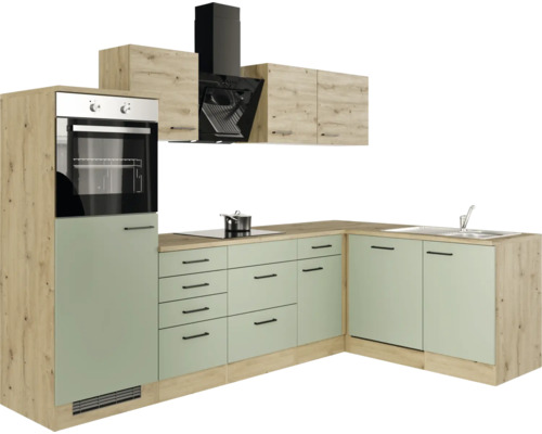 Küchenzeile mit Spüle, Kochfeld, Backofen und Dunstabzugshaube