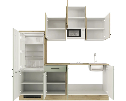 Kompakte Küchenzeile mit Kühlschrank, Mikrowelle, Spüle und Stauraum