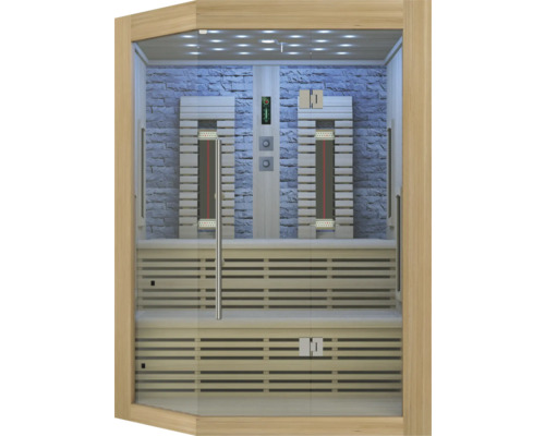 Innenansicht einer Sauna mit Holzbänken und Infrarotstrahlern vor einer Steinwand