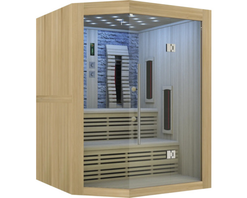 Innenansicht einer Sauna mit Bänken und Glasfront